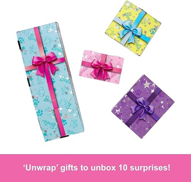 BARBIE PARTY UNBOXED DOLL & ACCESSORIES: PET BIRTHDAY SERIES BIRTHDAY BOWS SET WITH 10 SURPRISES