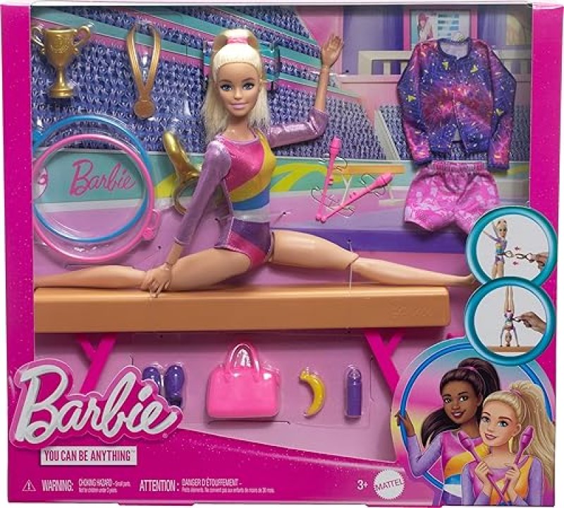 BARBIE  GYMNASTICS PLAYSET WITH BLONDE DOLL & ACCESSORIES