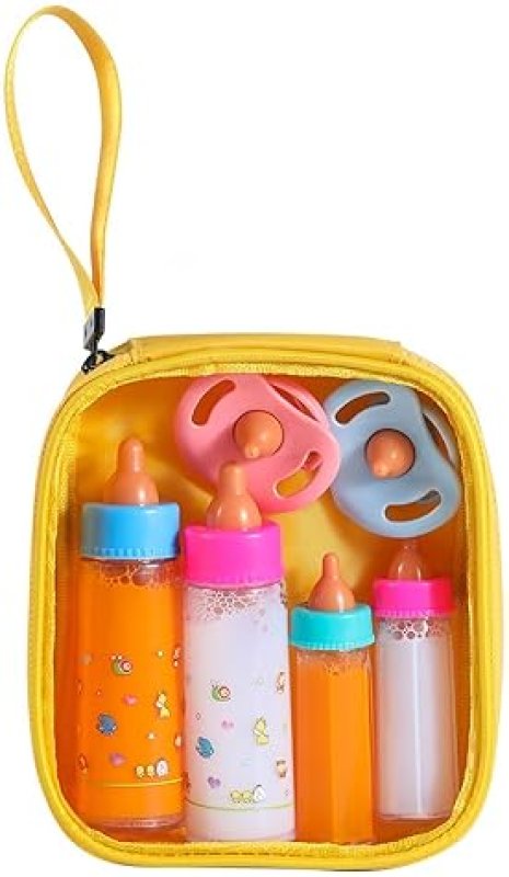 BABY DOLL FEEDING BOTTLE TOYS SET WITH MAGIC DISAPPEARING MILK & JUICE - PRETEND PLAY GIFT FOR KIDS - YELLOW