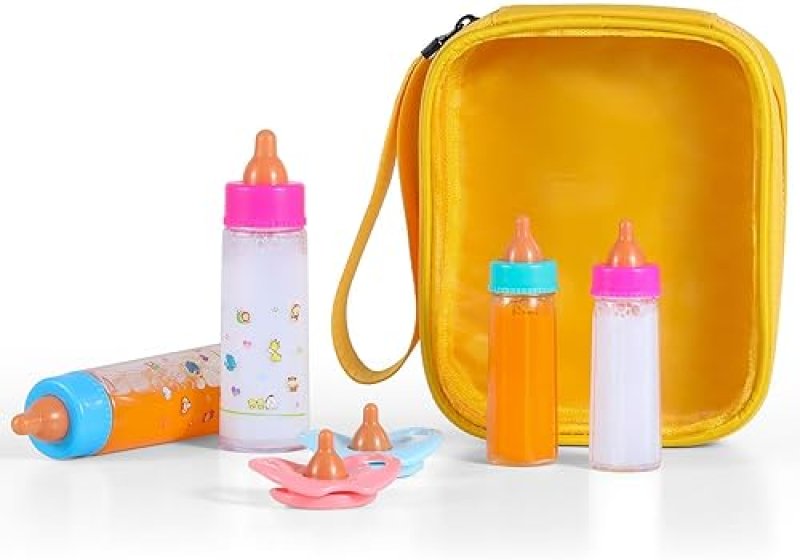 BABY DOLL FEEDING BOTTLE TOYS SET WITH MAGIC DISAPPEARING MILK & JUICE - PRETEND PLAY GIFT FOR KIDS - YELLOW