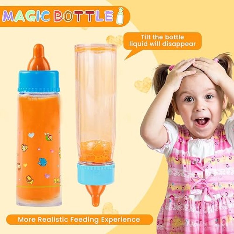 BABY DOLL FEEDING BOTTLE TOYS SET WITH MAGIC DISAPPEARING MILK & JUICE - PRETEND PLAY GIFT FOR KIDS - YELLOW