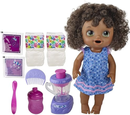 BABY ALIVE BLUEBERRY BLAST DOLL WITH BLENDER SET - BLACK HAIR, INTERACTIVE TOY FOR KIDS 3+