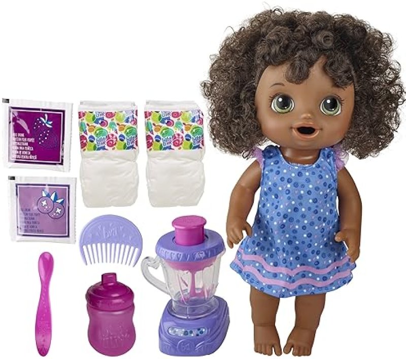 BABY ALIVE BLUEBERRY BLAST DOLL WITH BLENDER SET - BLACK HAIR, INTERACTIVE TOY FOR KIDS 3+