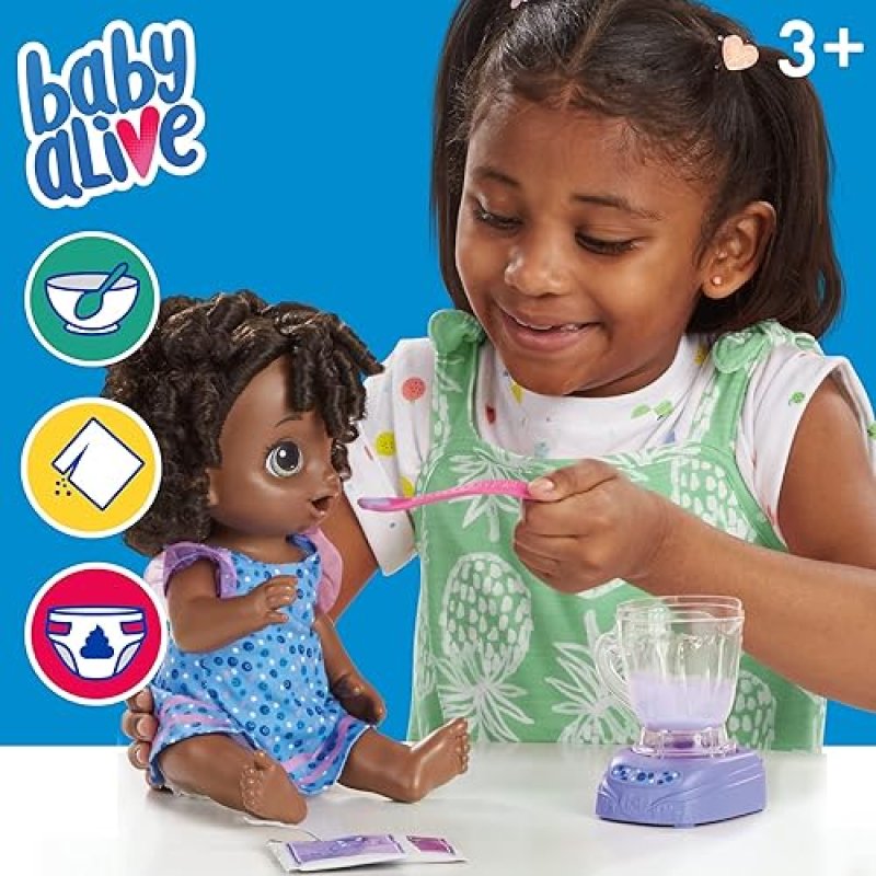BABY ALIVE BLUEBERRY BLAST DOLL WITH BLENDER SET - BLACK HAIR, INTERACTIVE TOY FOR KIDS 3+