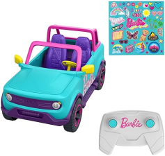 BARBIE HOT WHEELS RC SUV PINK REMOTE-CONTROL VEHICLE FOR 2 FASHION DOLLS, ACCESSORIES & STICKERS