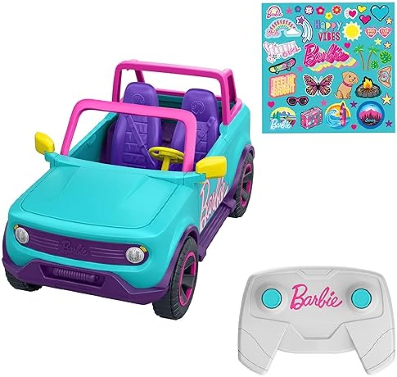 BARBIE HOT WHEELS RC SUV PINK REMOTE-CONTROL VEHICLE FOR 2 FASHION DOLLS, ACCESSORIES & STICKERS