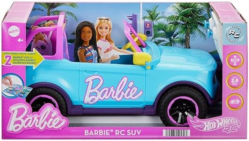 BARBIE HOT WHEELS RC SUV PINK REMOTE-CONTROL VEHICLE FOR 2 FASHION DOLLS, ACCESSORIES & STICKERS