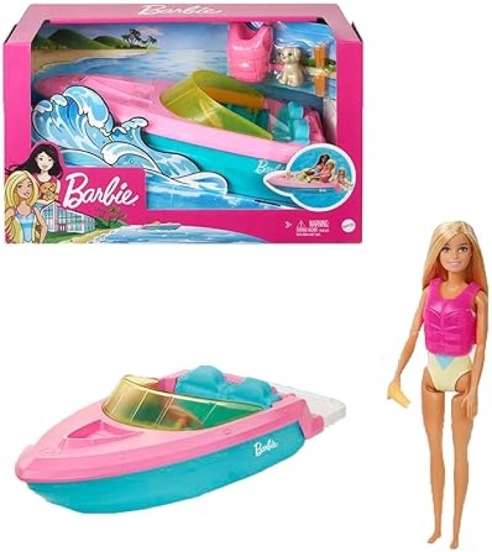 BARBIE DOLL & TOY BOAT PLAYSET WITH PUPPY, LIFE VEST & ACCESSORIES, FITS 3 DOLLS, FLOATS