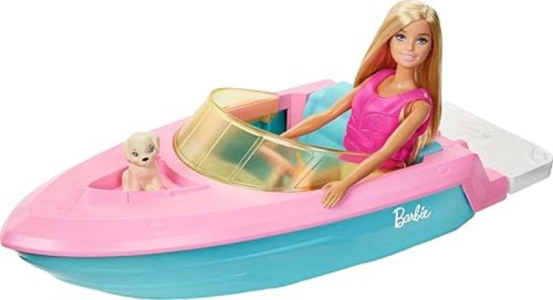 BARBIE DOLL & TOY BOAT PLAYSET WITH PUPPY, LIFE VEST & ACCESSORIES, FITS 3 DOLLS, FLOATS