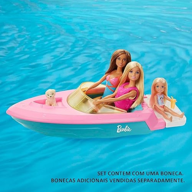 BARBIE DOLL & TOY BOAT PLAYSET WITH PUPPY, LIFE VEST & ACCESSORIES, FITS 3 DOLLS, FLOATS