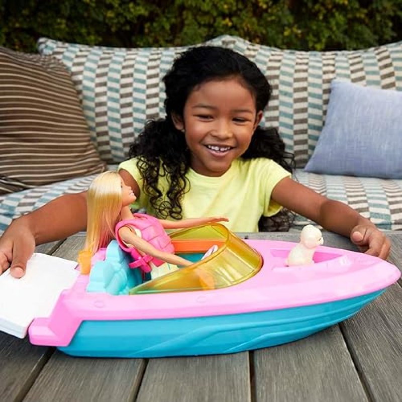 BARBIE DOLL & TOY BOAT PLAYSET WITH PUPPY, LIFE VEST & ACCESSORIES, FITS 3 DOLLS, FLOATS