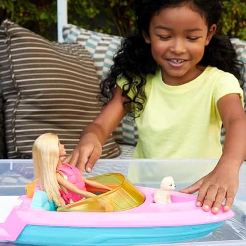 BARBIE DOLL & TOY BOAT PLAYSET WITH PUPPY, LIFE VEST & ACCESSORIES, FITS 3 DOLLS, FLOATS