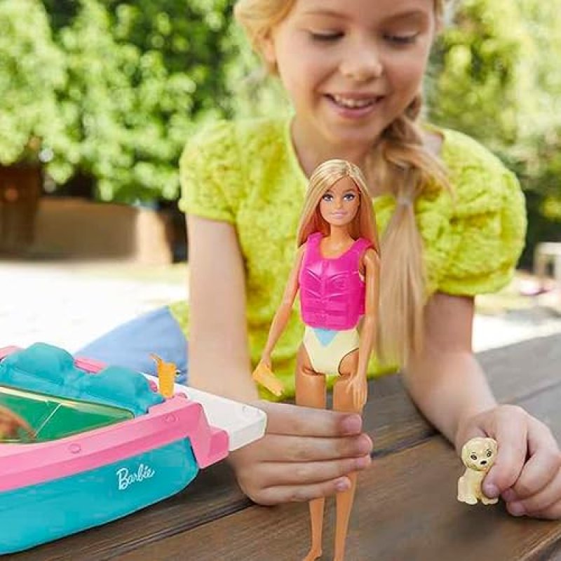 BARBIE DOLL & TOY BOAT PLAYSET WITH PUPPY, LIFE VEST & ACCESSORIES, FITS 3 DOLLS, FLOATS