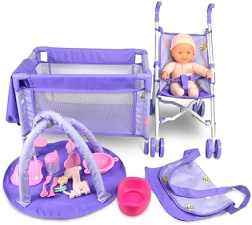 ANIVIA BABY DOLL STROLLER SET WITH ACCESSORIES - NURSERY ROLE PLAY SET (11" DOLL INCLUDED)