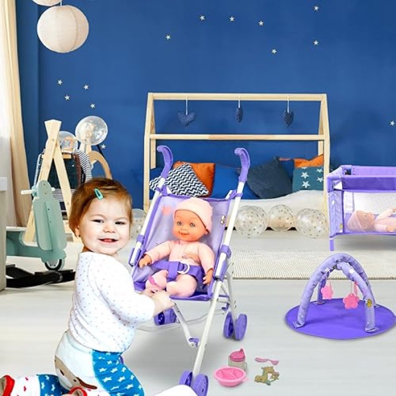 ANIVIA BABY DOLL STROLLER SET WITH ACCESSORIES - NURSERY ROLE PLAY SET (11" DOLL INCLUDED)