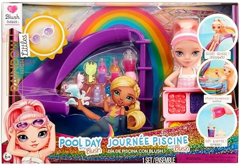 RAINBOW HIGH LITTLES POOL DAY PLAYSET WITH SMALL DOLL - PINK 5.5” - INCLUDES POOL, SLIDE, ACCESSORIES, SMOOTHIE STAND - KIDS GIFT AGES 4+