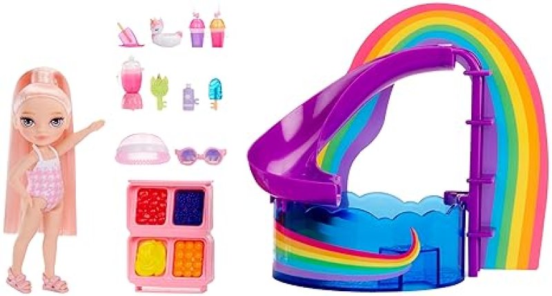 RAINBOW HIGH LITTLES POOL DAY PLAYSET WITH SMALL DOLL - PINK 5.5” - INCLUDES POOL, SLIDE, ACCESSORIES, SMOOTHIE STAND - KIDS GIFT AGES 4+