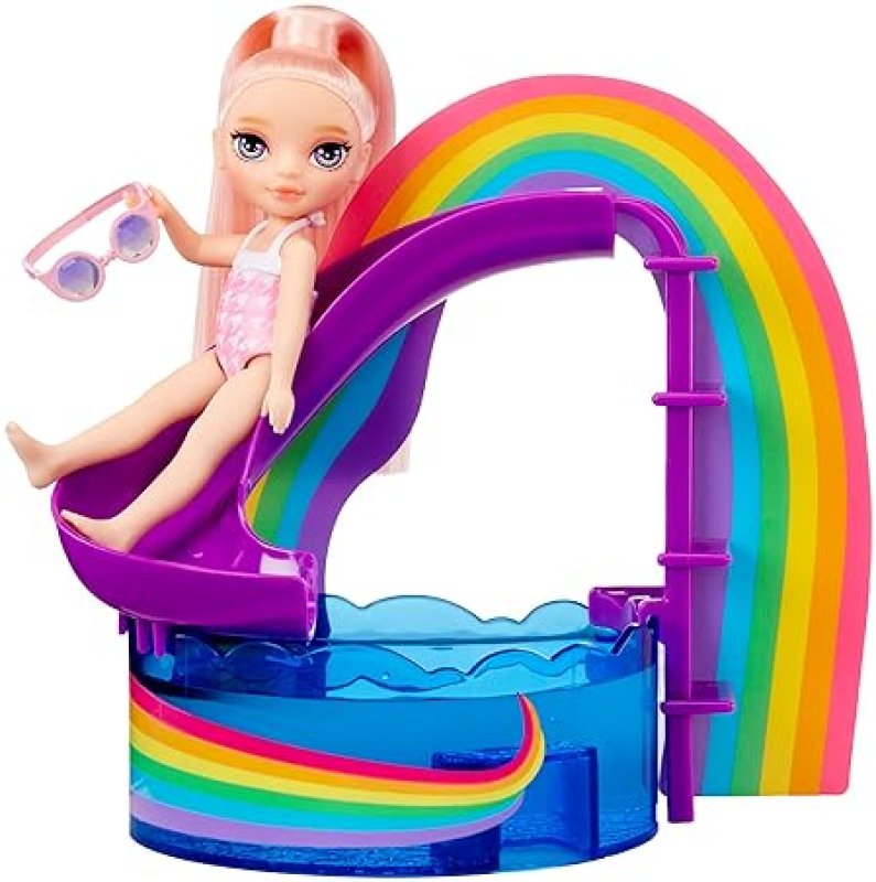 RAINBOW HIGH LITTLES POOL DAY PLAYSET WITH SMALL DOLL - PINK 5.5” - INCLUDES POOL, SLIDE, ACCESSORIES, SMOOTHIE STAND - KIDS GIFT AGES 4+