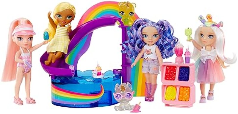 RAINBOW HIGH LITTLES POOL DAY PLAYSET WITH SMALL DOLL - PINK 5.5” - INCLUDES POOL, SLIDE, ACCESSORIES, SMOOTHIE STAND - KIDS GIFT AGES 4+