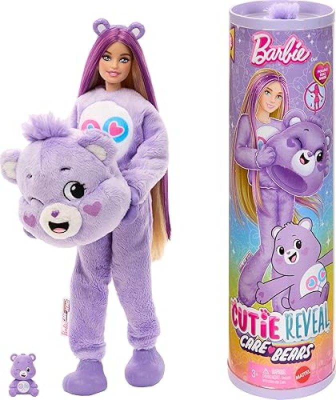 BARBIE CUTIE REVEAL DOLL & CARE BEARS SHARE BEAR COSTUME SET - 10 SURPRISES, COLOR CHANGE, MINI BEAR