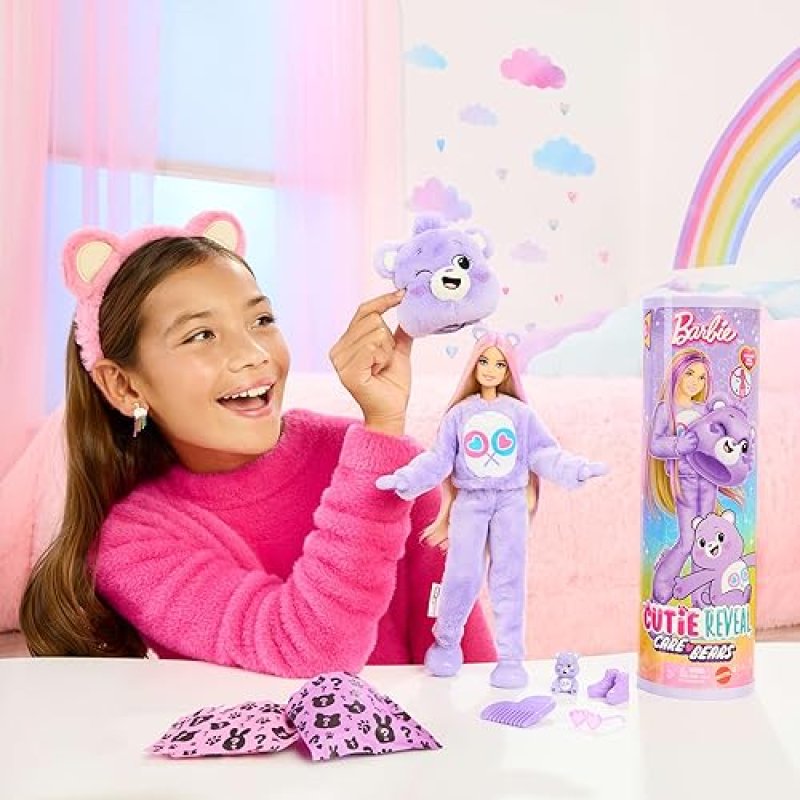 BARBIE CUTIE REVEAL DOLL & CARE BEARS SHARE BEAR COSTUME SET - 10 SURPRISES, COLOR CHANGE, MINI BEAR