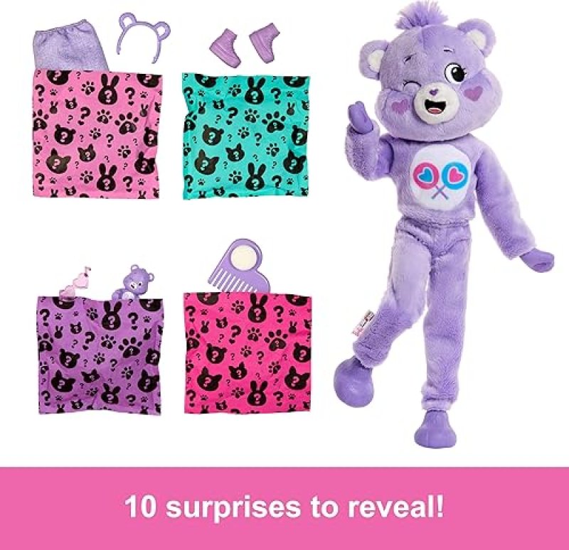 BARBIE CUTIE REVEAL DOLL & CARE BEARS SHARE BEAR COSTUME SET - 10 SURPRISES, COLOR CHANGE, MINI BEAR