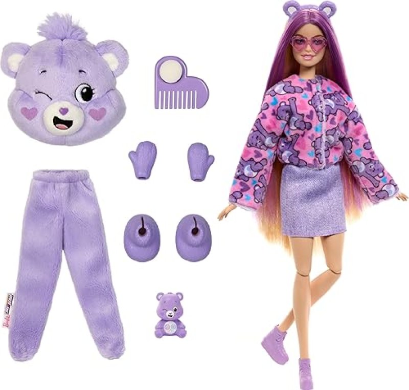 BARBIE CUTIE REVEAL DOLL & CARE BEARS SHARE BEAR COSTUME SET - 10 SURPRISES, COLOR CHANGE, MINI BEAR