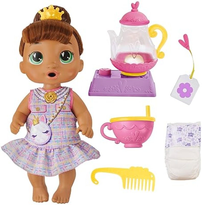 BABY ALIVE BUBBLY TEA PARTY SOPHIA SPARKLE DOLL WITH TEAPOT ACCESSORIES - BROWN HAIR, 11 INCHES - TOYS FOR 3+ YEAR OLDS