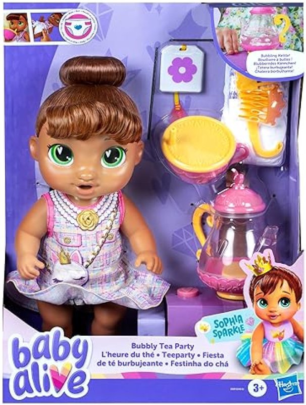 BABY ALIVE BUBBLY TEA PARTY SOPHIA SPARKLE DOLL WITH TEAPOT ACCESSORIES - BROWN HAIR, 11 INCHES - TOYS FOR 3+ YEAR OLDS