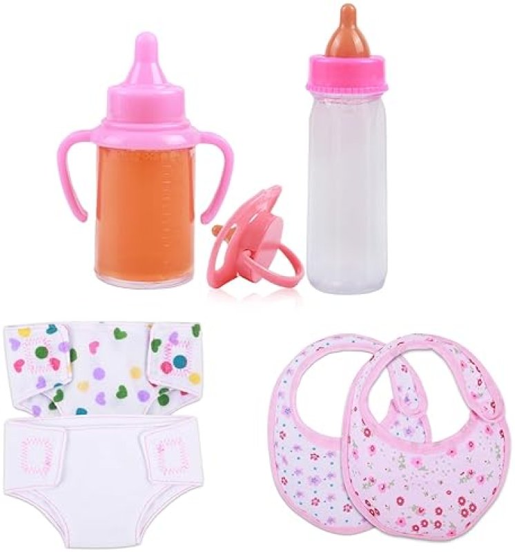BABY DOLL CARE SET - INCLUDES BOTTLES, PACIFIER, DIAPERS, BIBS - IDEAL PRETEND PLAY GIFT FOR KIDS