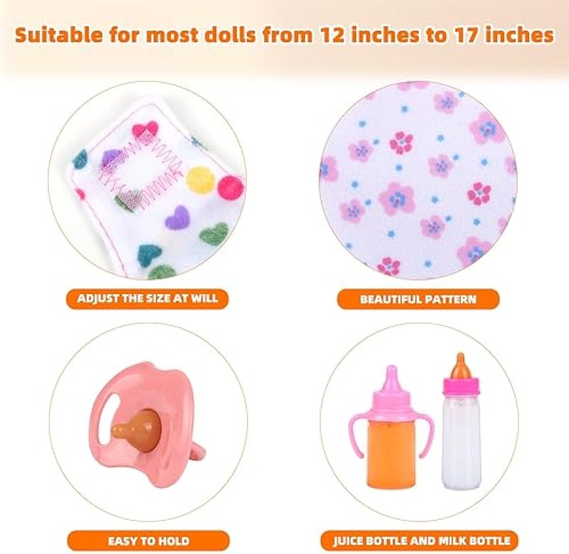 BABY DOLL CARE SET - INCLUDES BOTTLES, PACIFIER, DIAPERS, BIBS - IDEAL PRETEND PLAY GIFT FOR KIDS