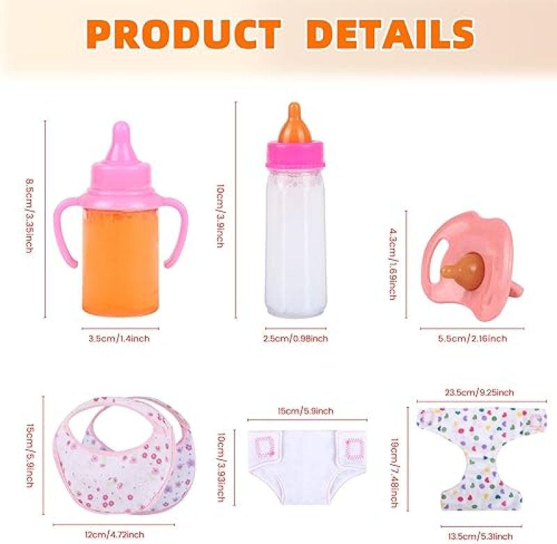 BABY DOLL CARE SET - INCLUDES BOTTLES, PACIFIER, DIAPERS, BIBS - IDEAL PRETEND PLAY GIFT FOR KIDS