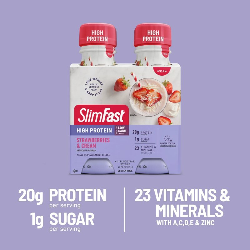 SLIMFAST HIGH PROTEIN SHAKE, STRAWBERRIES & CREAM, 11OZ BOTTLE, 4-PACK