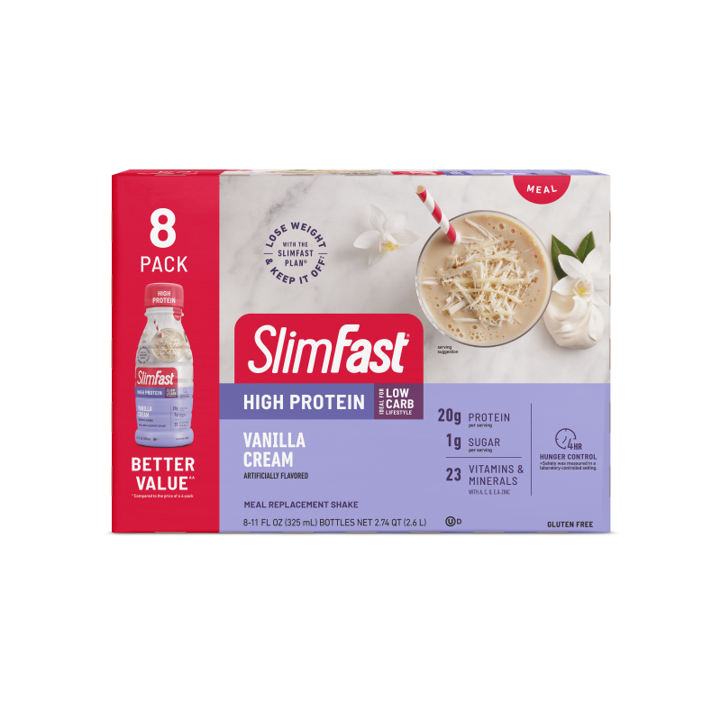 SLIMFAST VANILLA CREAM HIGH PROTEIN SHAKE, 11 FL OZ BOTTLE, 8 PACK