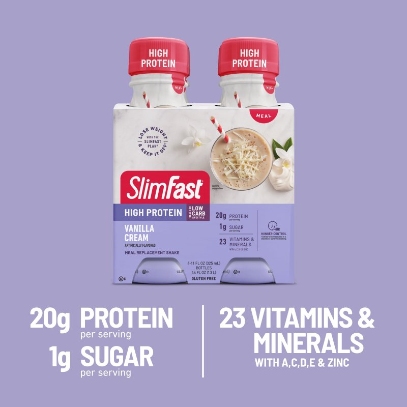 SLIMFAST VANILLA CREAM HIGH PROTEIN SHAKE, 11 FL OZ BOTTLE, 8 PACK