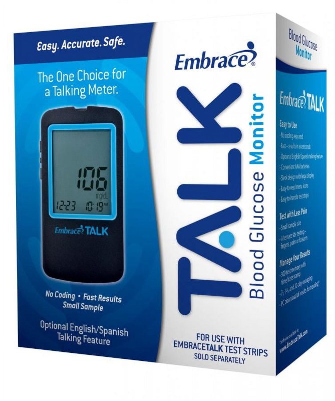EMBRACE TALK BLOOD GLUCOSE MONITOR - FAST RESULTS, ENGLISH/SPANISH TALKING, NO CODING - 1 COUNT