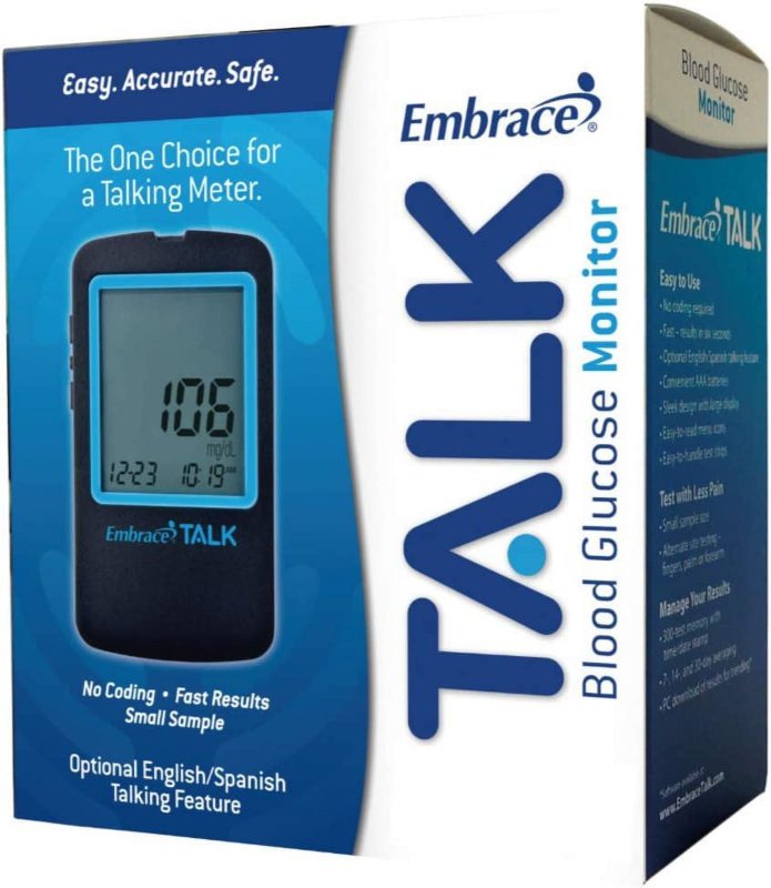EMBRACE TALK BLOOD GLUCOSE MONITOR - FAST RESULTS, ENGLISH/SPANISH TALKING, NO CODING - 1 COUNT