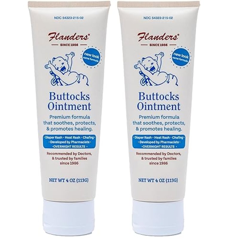 FLANDERS BUTTOCKS OINTMENT - DIAPER RASH CREAM, PHARMACIST DEVELOPED, INSTANT RELIEF (2 PACK 4OZ TUBES)