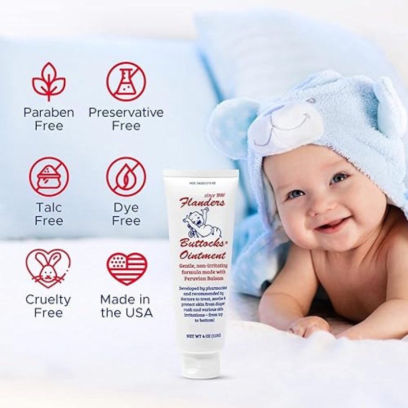 FLANDERS BUTTOCKS OINTMENT - DIAPER RASH CREAM, PHARMACIST DEVELOPED, INSTANT RELIEF (2 PACK 4OZ TUBES)