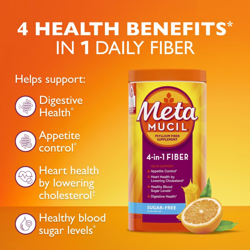 METAMUCIL SUGAR-FREE FIBER POWDER FOR DIGESTIVE HEALTH, ORANGE FLAVOR - 72 SERVINGS