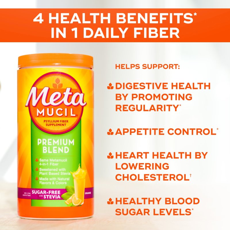 METAMUCIL FIBER POWDER WITH STEVIA FOR DIGESTIVE HEALTH - ORANGE, 114 SERVINGS