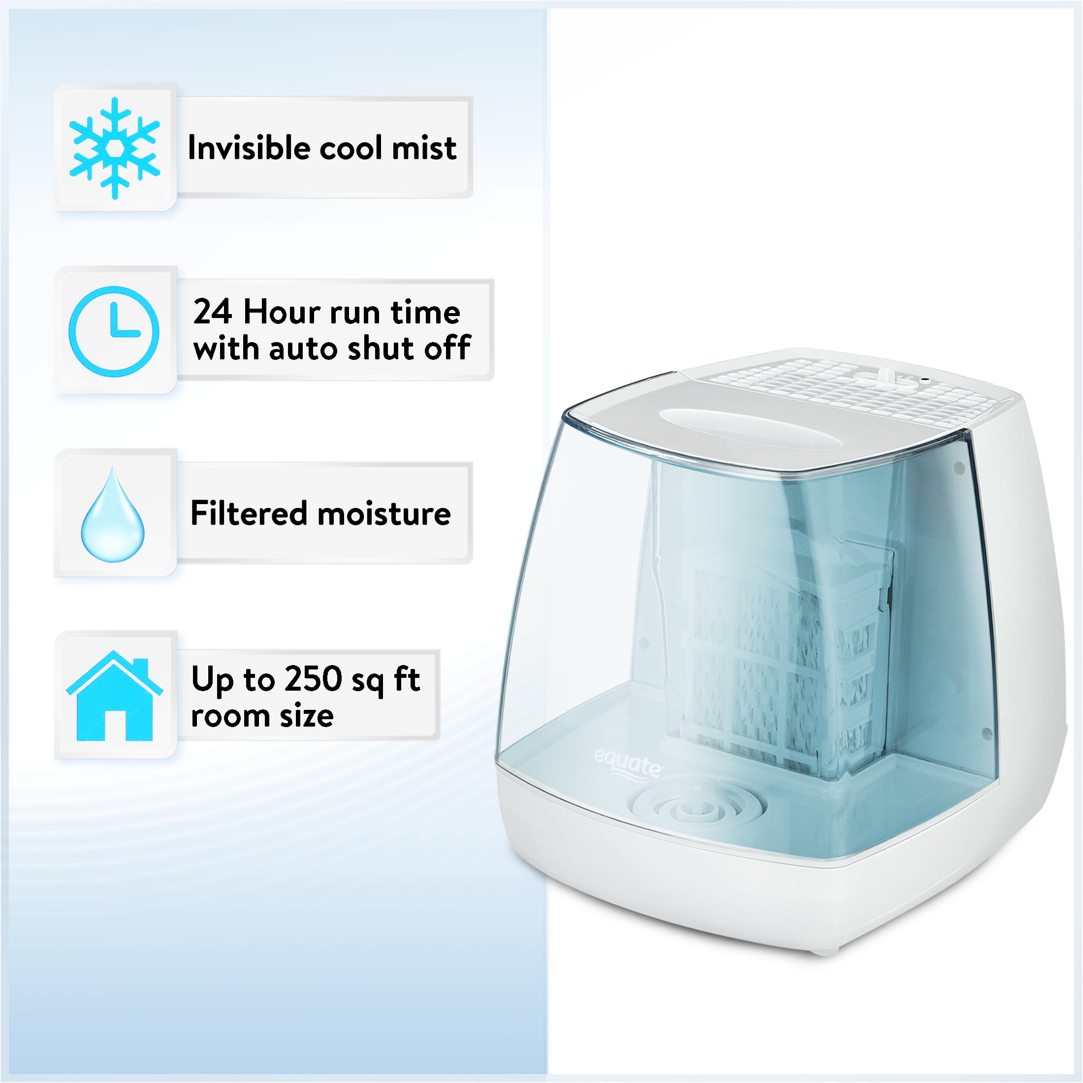 EQUATE 1.1 GALLON INVISIBLE COOL MIST HUMIDIFIER, WHITE & BLUE - COVERS 250 SQ FT