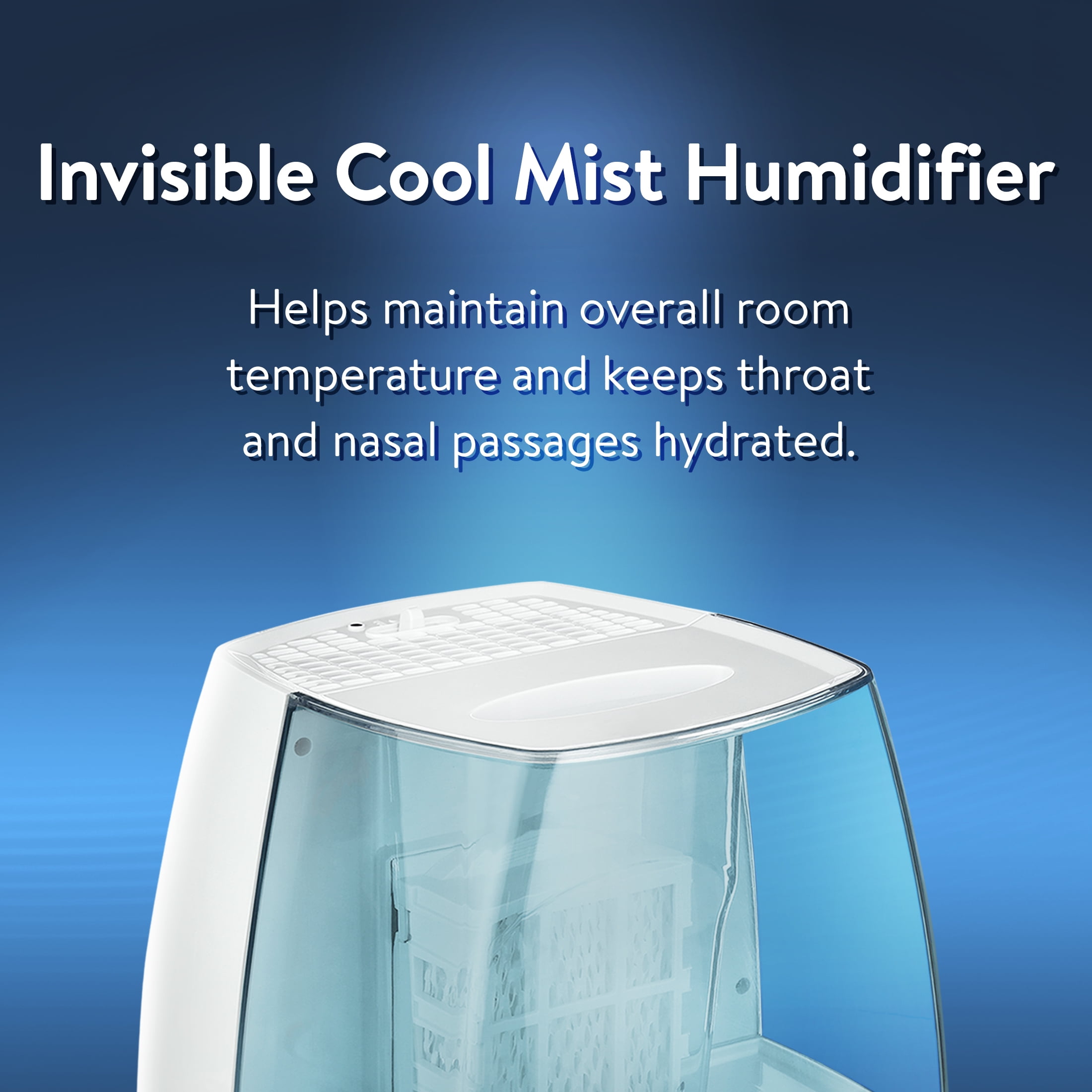 EQUATE 1.1 GALLON INVISIBLE COOL MIST HUMIDIFIER, WHITE & BLUE - COVERS 250 SQ FT