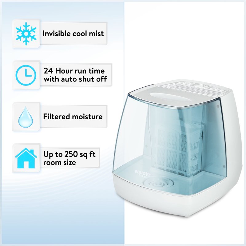 EQUATE 1.1 GALLON INVISIBLE COOL MIST HUMIDIFIER, WHITE & BLUE - COVERS 250 SQ FT