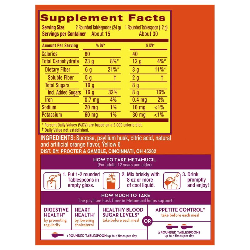 METAMUCIL ORANGE SMOOTH FIBER DRINK - 30 SERVINGS WITH REAL SUGAR