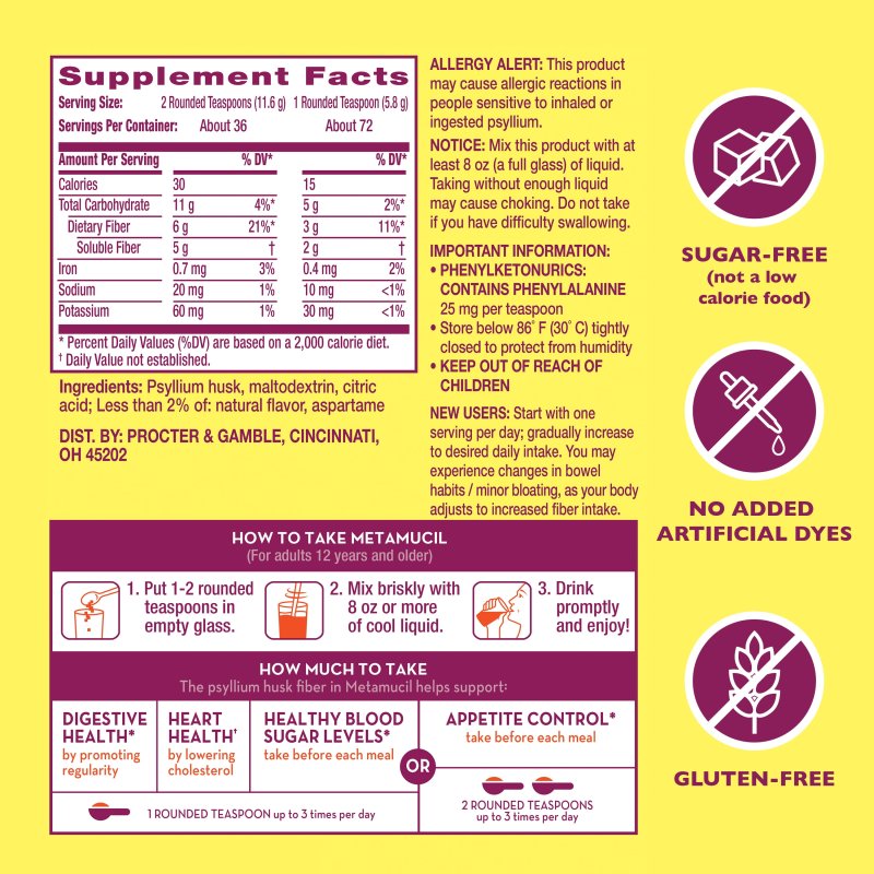 METAMUCIL FIBER POWDER FOR DIGESTIVE HEALTH, SUGAR FREE LEMONADE - 72 SERVINGS
