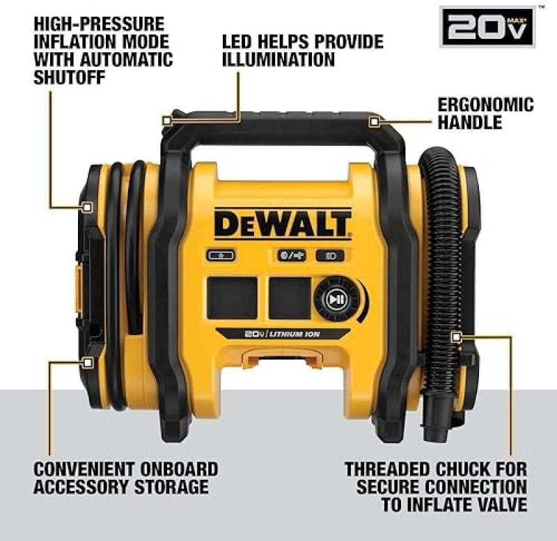 DEWALT 20V MAX TIRE INFLATOR - COMPACT PORTABLE WITH AUTOMATIC SHUT OFF & LED LIGHT (BARE TOOL DCC020IB)