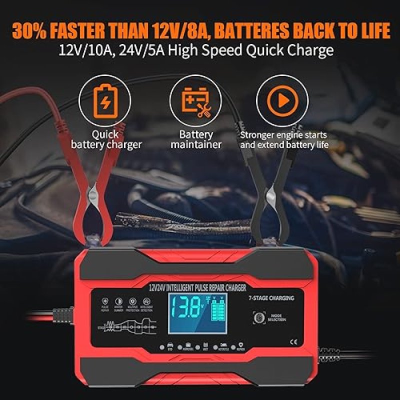YONHAN 10-AMP SMART CAR BATTERY CHARGER 12V/24V WITH DESULFATOR AND TEMPERATURE COMPENSATION
