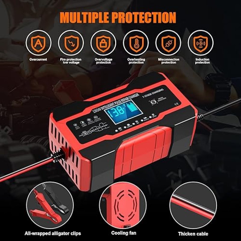 YONHAN 10-AMP SMART CAR BATTERY CHARGER 12V/24V WITH DESULFATOR AND TEMPERATURE COMPENSATION