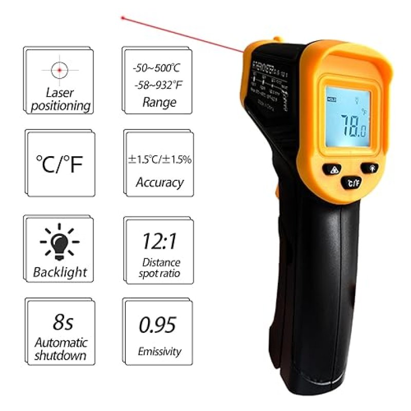 INFRARED THERMOMETER GUN FOR COOKING & BBQ -58°F~932°F, NON-CONTACT HANDHELD LASER TEMP GUN